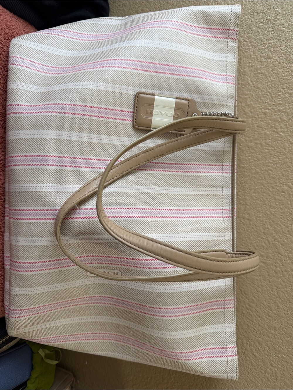 Coach Beige Canvas Tote with Pink Stripe Accents